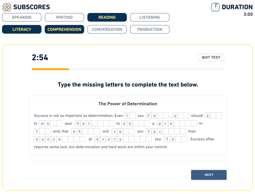 رابط کاربری سوال Read and Complete در آزمون دولینگو – تکمیل واژه‌های ناقص در متن با تایپ حروف از دست‌رفته
