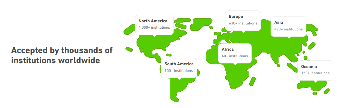 نقشه جهانی مؤسسات پذیرنده آزمون Duolingo English Test