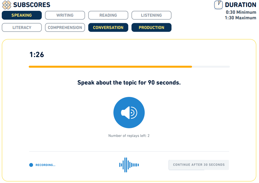 رابط کاربری سوال Listen Then Speak در آزمون دولینگو – صحبت کردن درباره‌ی یک موضوع شنیداری به مدت ۹۰ ثانیه
