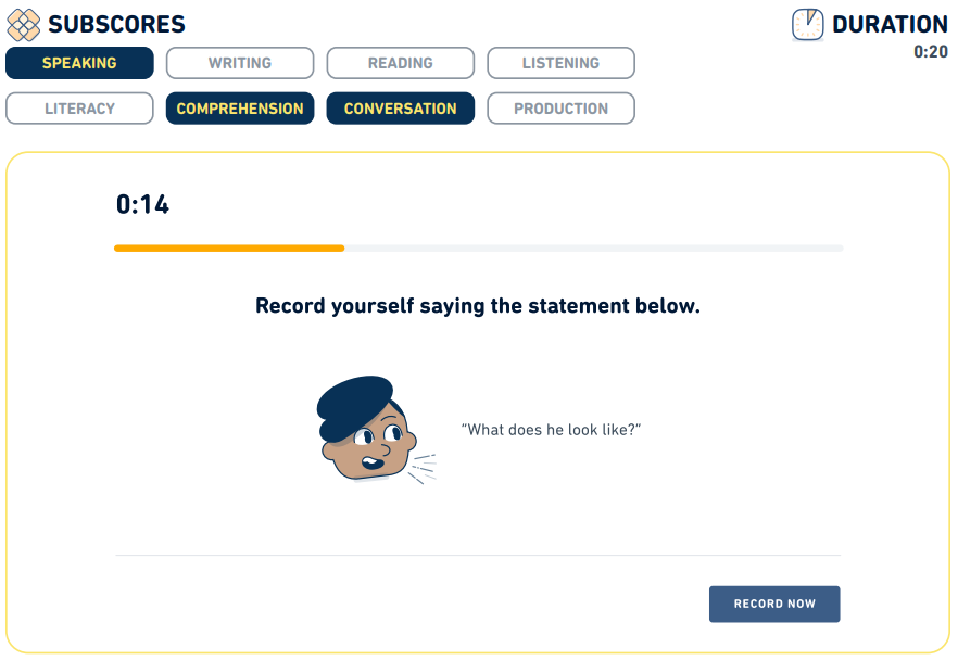 رابط کاربری سوال Read Aloud در آزمون دولینگو – ضبط جمله‌ی “What does he look like?” برای ارزیابی مهارت گفتاری