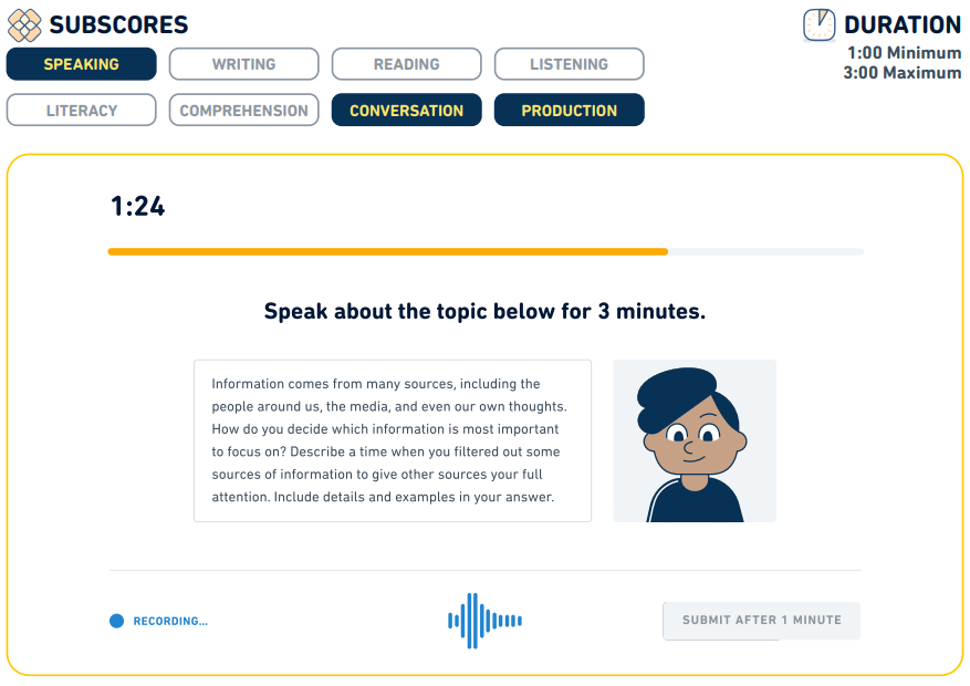 رابط کاربری سوال Speaking Sample در آزمون دولینگو