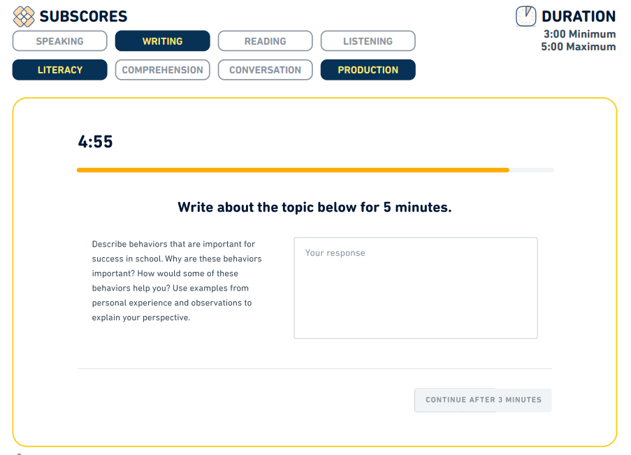 رابط کاربری سوال Writing Sample در آزمون دولینگو